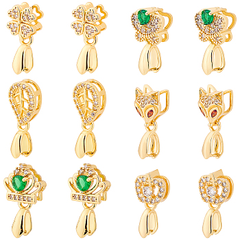 SUPERFINDINGS 12Pcs 6 Style Brass Micro Pave Cubic Zirconia Ice Pick Pinch Bails, Long-Lasting Plated, Fox & Clover & Crown & Leaf & Apple & Butterfly, Golden, 16~20.5x7.5~10.5x5~7mm, Hole: 2~3x3~4.5mm, Pin: 0.7mm, 2pcs/style