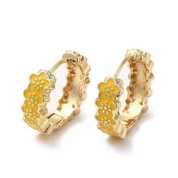 Flower Real 18K Gold Plated Brass Hoop Earrings, with Enamel, Yellow, 19x6mm