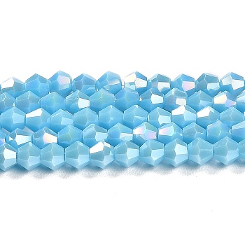 Opaque Solid Color Electroplate Glass Beads Strands, AB Color Plated, Faceted, Bicone, Deep Sky Blue, 4x4mm, Hole: 0.8mm, about 87~98pcs/strand, 12.76~14.61 inch(32.4~37.1cm)