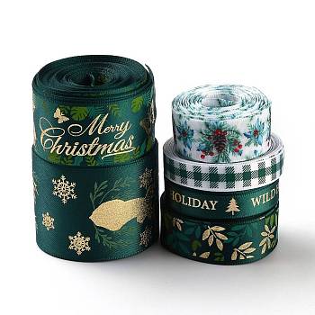 6 Rolls Chrismas Satin Ribbon, Polyester Ribbin, for Making Crafts, Gift Package, Christmas Themed Pattern, Dark Green, 10~39mm, about 5 yards/roll(4.57m/roll), 6 Rolls/set