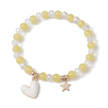 Glass Round Beaded Stretch Bracelets, with Alloy Wing & 304 Stainless Steel Heart Charms, Light Khaki, Inner Diameter: 2-1/8 inch(5.4cm)