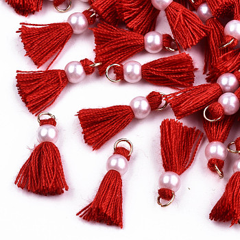 Polycotton(Polyester Cotton) Tassel Pendant Decorations, Mini Tassel, with Golden Tone Iron Findings and ABS Plastic Imitation Pearl, Red, 23mm, Jump ring: 5x0.8mm, 3.4mm inner diameter