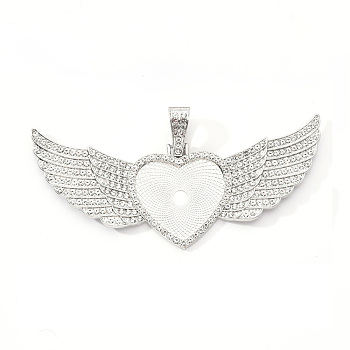 Alloy Pendant Cabochon Settings, with Rhinestone, Lead Free & Nickel Free, Heart with Wing, Platinum, Crystal, Tray: 26.5x32.5mm, 47.5x107.5x6mm, Hole: 15mm