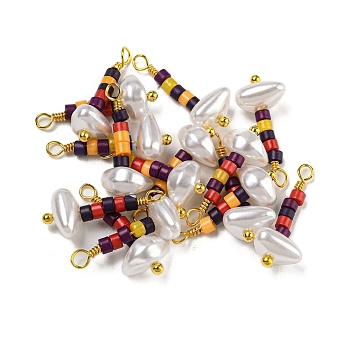 ABS Plastic Imitation Pearl Pendants, with Real 18K Gold Plated Brass Loops and Glass Seed Beads, Black, 18.5~19.5x8x5.5mm, Hole: 1.6mm