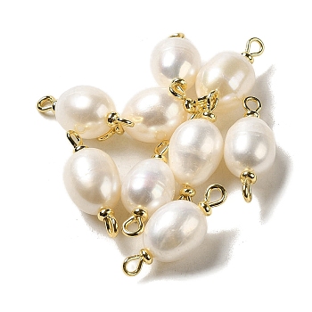 Natural Pearl Connector Charms, Potato Links with Real 18K Gold Plated Brass Double Loops, Floral White, 23~24x8.5~10mm, Hole: 1.5mm