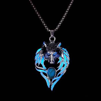 Luminous Glow In The Dark Enamel Wolf Pendant Necklace with Synthetic Turquoise Beaded, Alloy Jewelry, Blue, 27.56 inch(70cm)