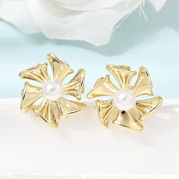 Brass Stud Earrings for Women, Flower, with Resin Imitation Pearl Beads, Real 18K Gold Plated, 23mm