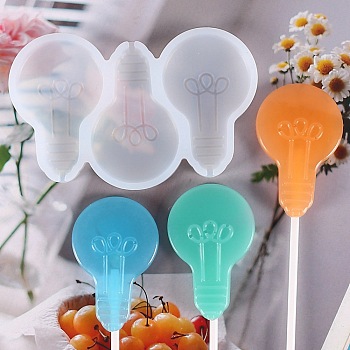 DIY Light Bulb Lollipop Making Food Grade Silicone Molds, Candy Molds, for Edible Cake Topper Making, Bear, 3 Cavities, White, 58x90x6mm, Inner Diameter: 50x32mm, Fit for 2mm Stick