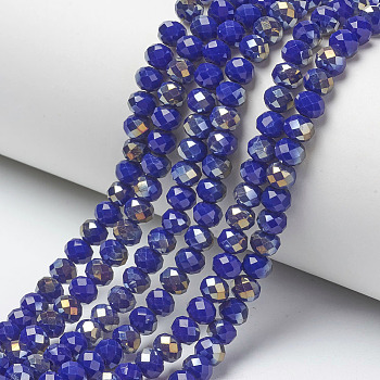 Electroplate Opaque Glass Beads Strands, Half Rainbow Plated, Faceted, Rondelle, Dark Blue, 4x3mm, Hole: 0.4mm, about 123~127pcs/strand, 16.5~16.9 inch(42~43cm)