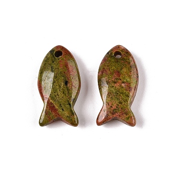 Natural Unakite Pendants, Fish Charms, 23.5~24.5x12x5~6mm, Hole: 2mm