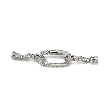 Brass Micro Pave Clear Cubic Zirconia Fold Over Clasps, Long-Lasting Plated, Rack Plating, Oval, with Screw Locking Carabiner, Platinum, 55.5mm