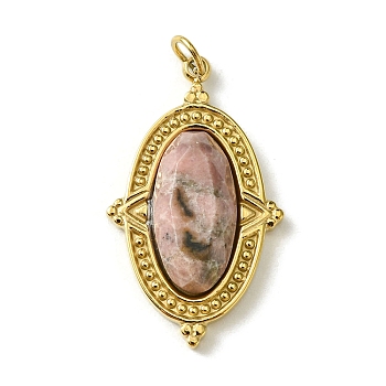 Ion Plating(IP) 304 Stainless Steel Pave Faceted Natural Rhodonite Pendants, Oval Charms, Real 14K Gold Plated, 24.5x14.5x4.5mm, Hole: 2.5mm