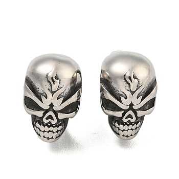 316 Surgical Stainless Steel Beads, Large Hole Beads, Skull, Antique Silver, 12x8x13mm, Hole: 8mm