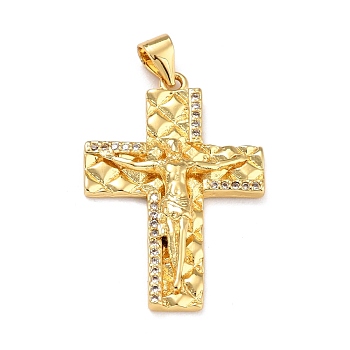 Brass Micro Pave Clear Cubic Zirconia Pendants, Cross, Real 18K Gold Plated, 30x20x3.5mm, Hole: 5x3mm