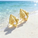 Ocean 304 Stainless Steel Stud Earrings, with Resin Pearl, Golden, Shell Shape, 25x20mm(EJEW-E614-01B-G)