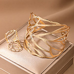 Hollow Out Leaf Alloy Cuff Bangles & Cuff Rings Sets, Golden, Inner Diameter: 58mm(FS-WG00ED8-01)