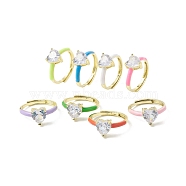 Clear Cubic Zirconia Heart Adjustable Ring with Enamel, Real 18K Gold Plated Brass Jewelry for Women, Lead Free & Cadmium Free, Mixed Color, US Size 7 1/4~US Size 13 1/4(17.5mm~22.4mm)(RJEW-F124-10-G)