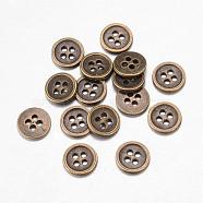 Alloy Buttons, 4-Hole, Flat Round, Tibetan Style, Antique Bronze, 10x1.5mm, Hole: 1mm(BUTT-D054-10mm-02)