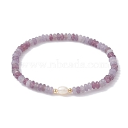 Natural Lilac Jade Rondelle & Pearl Beaded Stretch Bracelets, Inner Diameter: 2-1/4 inch(5.8cm)(BJEW-JB09918-04)