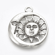 Tibetan Style Alloy Pendants, Flat Round with Sun and Moon, Lead Free & Cadmium Free, Antique Silver, 28.5x25x2.5mm, Hole: 2.5mm(X-TIBE-T010-06AS-RS)