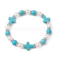 Synthetic Turquoise Cross & ABS Plastic Pearl Beaded Stretch Bracelet, Inner Diameter: 2-1/2 inch(6.3cm)(BJEW-JB09766)