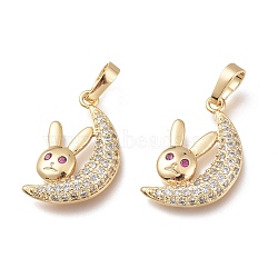 Brass Pendants, with Colorful Cubic Zirconia, Long-Lasting Plated, Rabbit with Moon, Golden, 20.5x13x3.5mm, Hole: 6.5x3.5mm(KK-M214-11G)