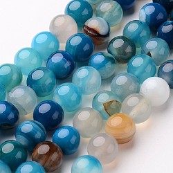 Natural Striped Agate/Banded Agate Beads Strands, Round, Dyed & Heated, Deep Sky Blue, 6mm, Hole: 1mm, about 64pcs/strand, 14.5 inch(X-G-D845-01E-6mm)