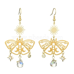 201 Stainless Steel Butterfly Chandelier Earrings with Brass Pins, Glass Teardtrop Long Drop Earrings, Golden, 69x36mm(EJEW-TA00388)