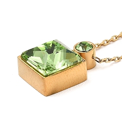 Glass Square Pendant Necklace, Real 18K Gold Plated 304 Stainless Steel Necklace, Yellow Green, 18.43 inch(46.8cm)(NJEW-G106-01G-07)