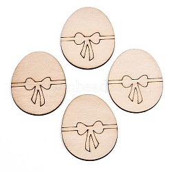 Undyed Natural Wooden Cabochons, Laser Cut, Egg with Bowknot, Antique White, 46x37.5x2.5mm(WOOD-S058-047)