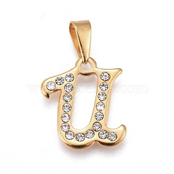 304 Stainless Steel Pendants, with Rhinestone, Letter, Letter.U, 20x17x2mm, Hole: 3~3.5x7.5~8mm(STAS-F202-16G-U)