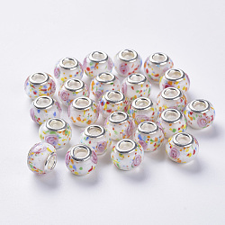 Handmade Lampwork European Beads, Large Hole Beads, with Silver Color Plated Brass Double Cores, Inner Flower Lampwork, Rondelle, Colorful, 14x11mm, Hole: 5mm(LAMP-S193-009G)