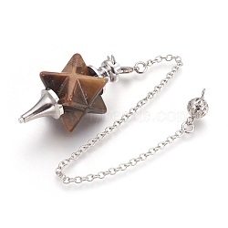 Natural Tiger Eye Dowsing Pendulums, with Platinum Tone Brass Findings, Merkaba Star, 235mm, Hole: 2mm(KK-F756-08C)