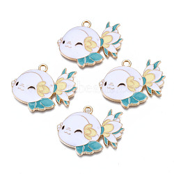 Rack Plating Alloy Enamel Pendants, Cadmium Free & Nickel Free & Lead Free, Goldfish, White, 23.5x29.5x4mm, Hole: 2mm(ENAM-T011-181)