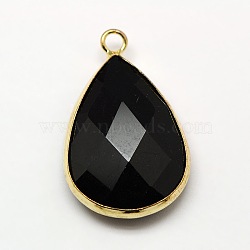 Golden Tone Brass Glass Teardrop Pendants, Faceted, Black, 22x13x5mm, Hole: 2mm(GLAA-M006-B-12G)