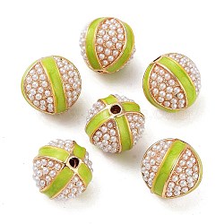 Alloy Enamel Beads, with ABS Imitation Pearl, Golden. Round, Yellow Green, 13.5x13.5mm, Hole: 2mm(FIND-E046-11G-01)