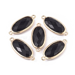 Natural Black Agate Links connectors, with Brass Findings, Faceted, Oval, Golden, 28~28.5x12x5mm, Hole: 1.6mm(G-E526-27G)