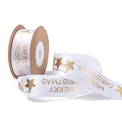 Polyester Ribbon, Star Pattern with Word Merry Christmas, White, 1 inch(26mm), about 10yards/roll(SRIB-P018-B03)