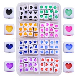 280Pcs 8 Colors Opaque White Acrylic European Beads, Large Hole Cube Beads, with Heart Pattern, Mixed Color, 7x7x7mm, Hole: 4mm, 35pcs/color(OPDL-SZ0001-04)