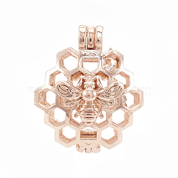 Alloy Locket Pendants, Diffuser Locket, Hollow, Honeycomb with Bee, Rose Gold, 26x22x13mm, Hole: 4x3mm, Inner Measure: 18mm(PALLOY-S062-55RG)