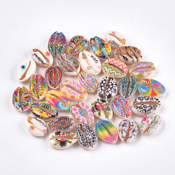 Printed Cowrie Shell Beads, No Hole/Undrilled, Mixed Color, 17~23x13~17x6~8mm(SSHEL-T008-10)