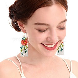 Brass Chandelier Earrings, Glass Seed Beaded Tassel Earrings, Coral, 100x31mm(EJEW-D105-01A)