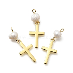 Brass & Natural Pearl Cross Pendants, Rack Plating, Long-Lasting Plated, Cadmium Free & Lead Free, Real 18K Gold Plated, 30mm, Hole: 1.8mm(KK-Z093-39G)