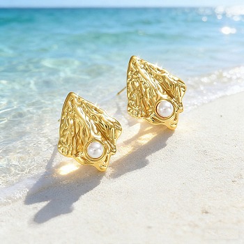 Ocean 304 Stainless Steel Stud Earrings, with Resin Pearl, Golden, Shell Shape, 25x20mm
