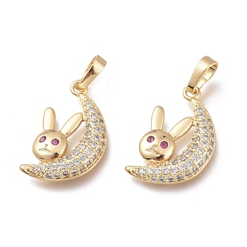 Brass Pendants, with Colorful Cubic Zirconia, Long-Lasting Plated, Rabbit with Moon, Golden, 20.5x13x3.5mm, Hole: 6.5x3.5mm