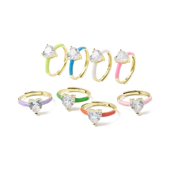 Clear Cubic Zirconia Heart Adjustable Ring with Enamel, Real 18K Gold Plated Brass Jewelry for Women, Lead Free & Cadmium Free, Mixed Color, US Size 7 1/4~US Size 13 1/4(17.5mm~22.4mm)