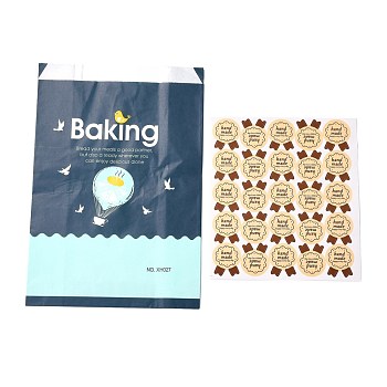 Rectangle with Hot Air Balloon Pattern Paper Baking Bags, No Handle & Oil-proof Bags, with Sticker, for Gift & Food Wrapping, Marine Blue, 32x21x0.05cm