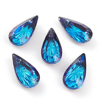 Embossed Glass Rhinestone Pendants, Teardrop, Faceted, Bermuda Blue, 14x7x4mm, Hole: 1.2mm