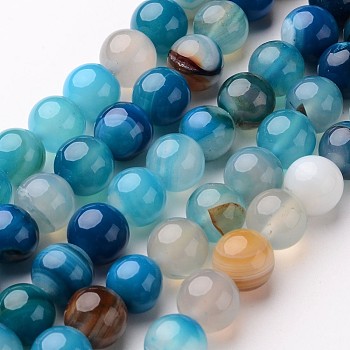 Natural Striped Agate/Banded Agate Beads Strands, Round, Dyed & Heated, Deep Sky Blue, 6mm, Hole: 1mm, about 64pcs/strand, 14.5 inch