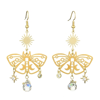 201 Stainless Steel Butterfly Chandelier Earrings with Brass Pins, Glass Teardtrop Long Drop Earrings, Golden, 69x36mm